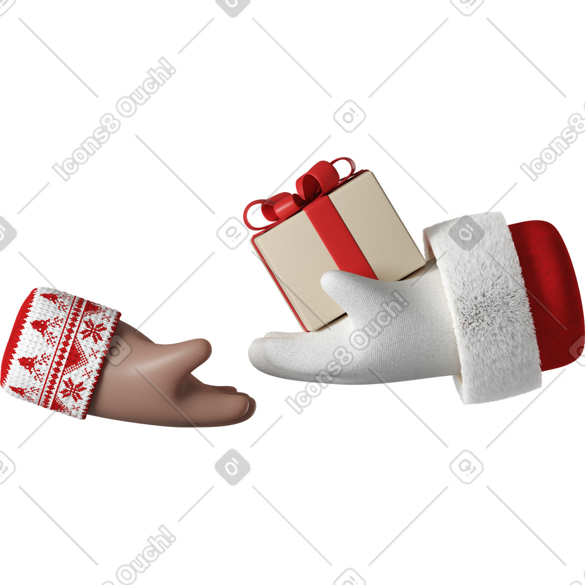 3D Hands Fun&Wild スタイルの Santa Claus giving a gift box to brown skin hand のイラストをPNG、SVG形式でダウンロード