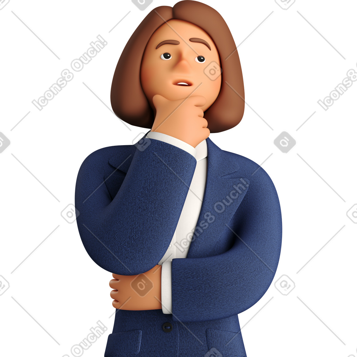 Pondering businesswoman in blue suit looking up-Illustration im 3D Business-Stil als Download PNG, SVG