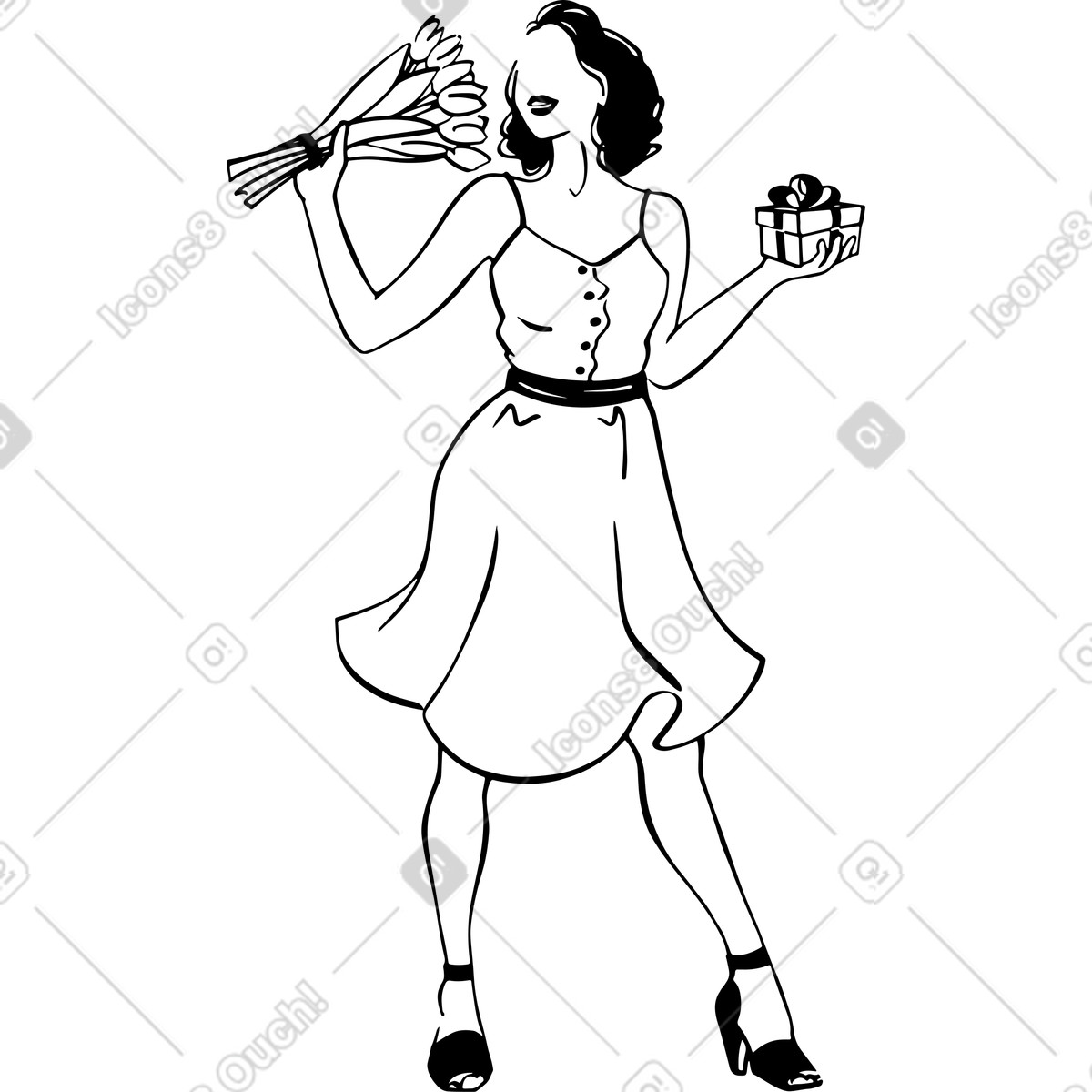 Woman with gift and bouquet illustration in Line style download in PNG, SVG
