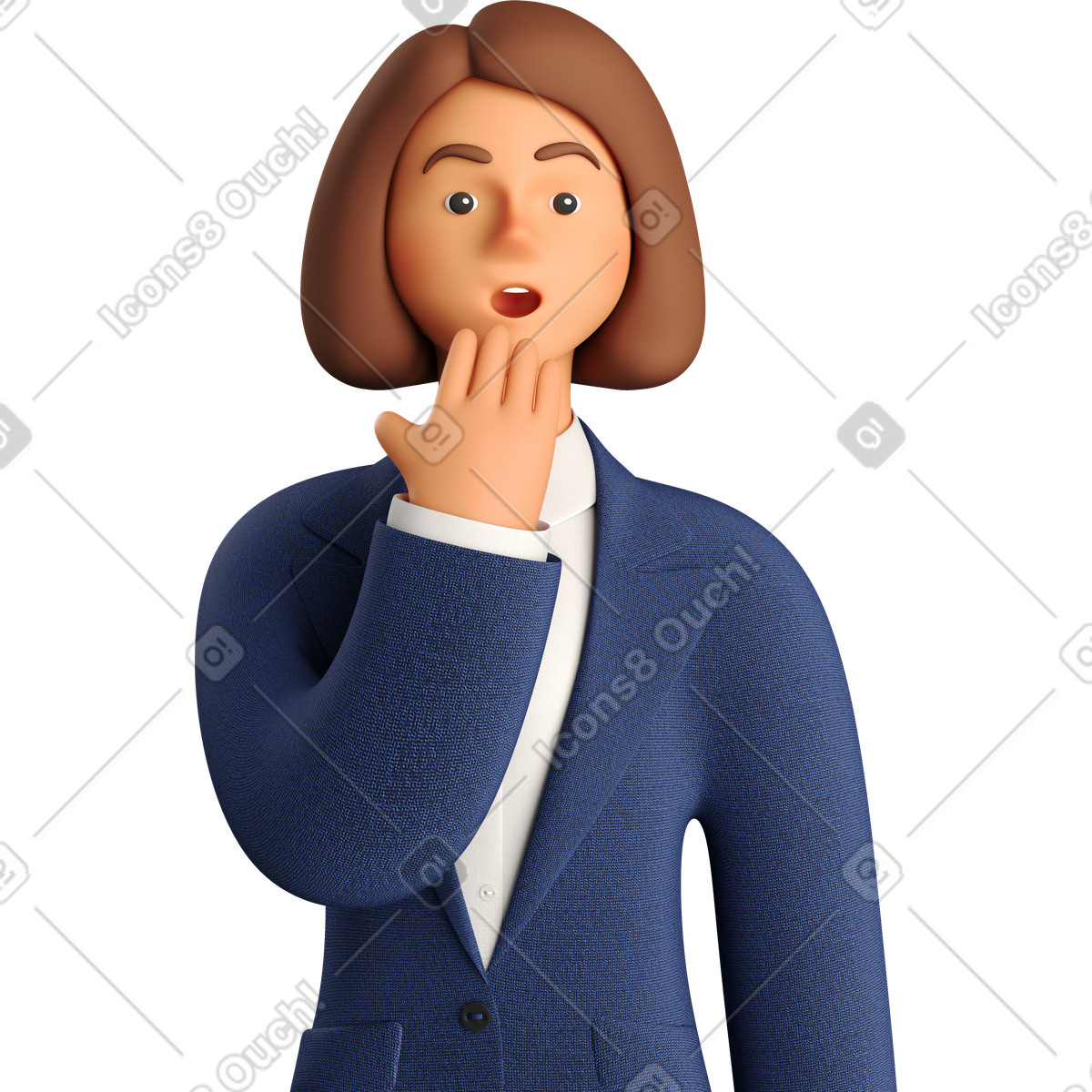 Illustration Astonished businesswoman in blue suit dans le style 3D Business à télécharger aux formats PNG, SVG