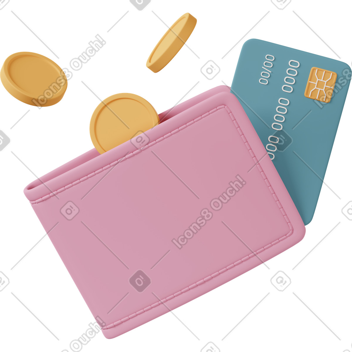 3D Casual life 스타일의 Wallet with coins and credit card 일러스트레이션 PNG, SVG 다운로드