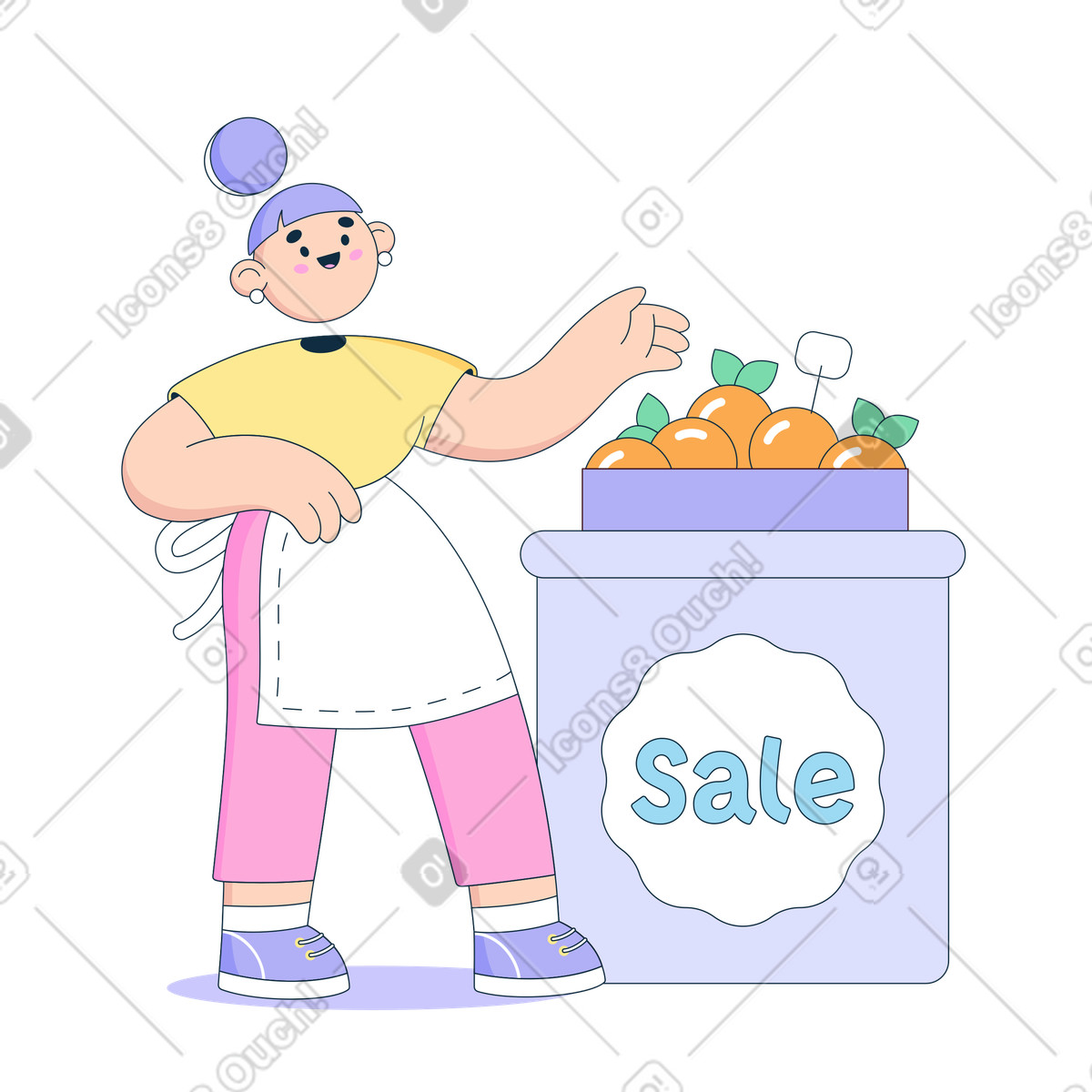 下载 Bubble gum 风格的 卖橘子的女人 插画，支持 PNG、SVG 格式