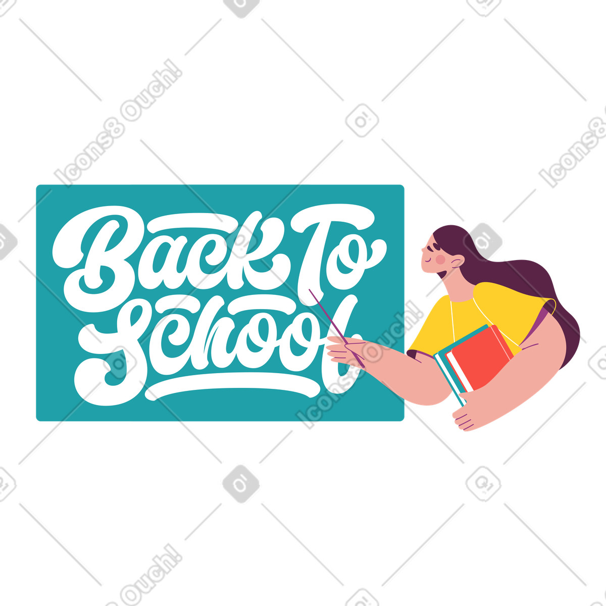 Lettering Back to School with woman and board illustration in Sammy style download in PNG, SVG