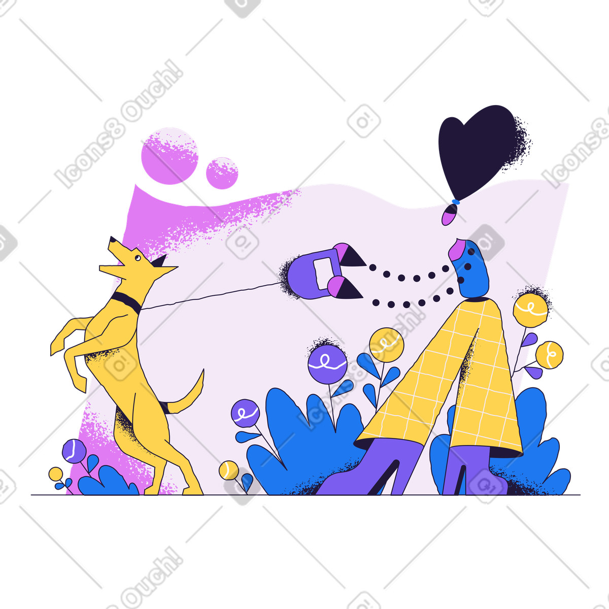 Dog pulling owner in park with flowers, Pet care or daily walk routine illustration Conifer style download PNG, SVG