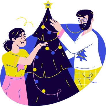 A couple decorating a Christmas tree - Holidays style illustration
