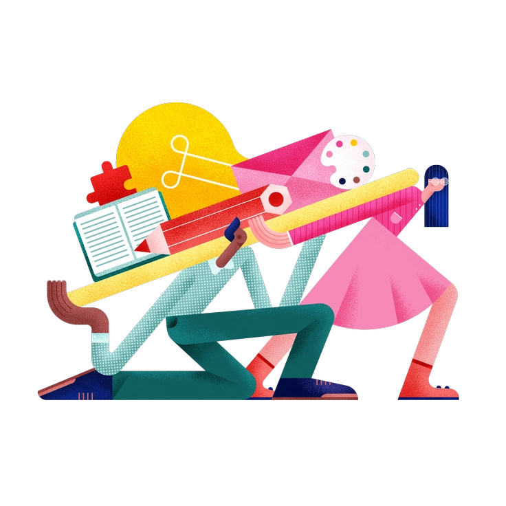 Two figures carrying creative tools and objects - Willowy style illustration