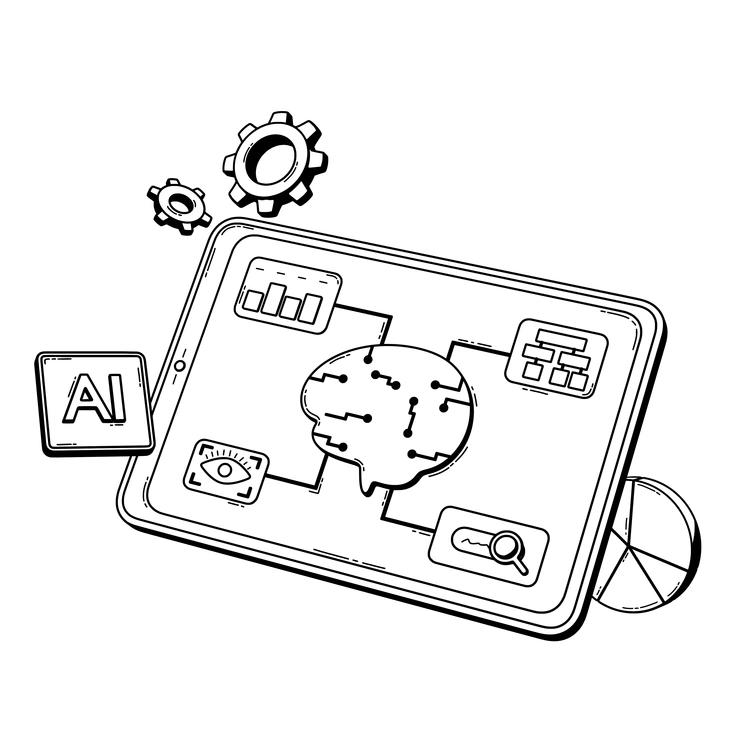 A tablet displaying AI concepts and data visualization - 3D Techny Line style illustration