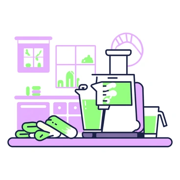 A kitchen scene features a juicer on a countertop, actively extracting juice from fresh celery stalks. The juicer is sleek and modern, with a transparent container that displays vibrant green juice as it flows out. Surrounding the juicer, there are several fresh celery stalks lying on the countertop, some cut into shorter pieces. In the background, there are kitchen cabinets and a window allowing natural light to illuminate the space. A glass filled with the freshly extracted juice sits on the countertop beside the juicer, showcasing its rich color.