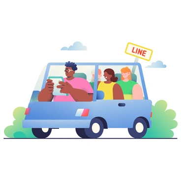 A diverse group of four people is sitting inside a compact blue car. The driver is a woman with dark skin and curly hair, wearing a pink t-shirt. In the passenger seat, a man with light skin and glasses is checking a map on his phone. In the backseat, two women are sitting closely together; one has medium skin and is wearing a green blouse, while the other has light skin and is dressed in a yellow sundress. The car is surrounded by lush greenery on both sides of the road, and there is a small sign nearby that reads "Carpool Lane." The overall atmosphere conveys a sense of camaraderie and environmental responsibility.