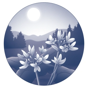 A cluster of "Grevillea flowers" is positioned prominently in the foreground. The delicate petals exhibit intricate shapes and textures. The flowers are surrounded by dark green foliage that contrasts with their delicate structures. The scene is illuminated by gentle moonlight that casts soft shadows and creates a serene ambiance. The background is filled with silhouettes of trees and distant hills, enhancing the nighttime setting. The overall composition captures the enchanting beauty of the flowers under the moon's gentle glow.