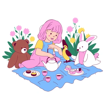 A pink-haired girl is sitting on a blue picnic blanket in a sunny garden, surrounded by her stuffed animals. She is pouring tea from a white teapot into small pastel-colored cups, which are placed neatly in front of her. The stuffed animals, including a brown teddy bear, a fluffy white bunny, and a colorful parrot, are seated around her, all looking attentively at her. There are plates of assorted cookies and cupcakes on the blanket, and colorful flowers are blooming around the scene, adding to the cheerful atmosphere of the tea party.