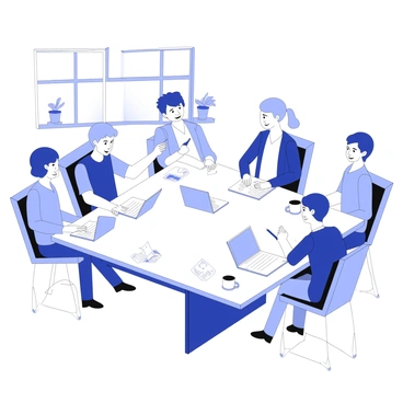 A team of professionals is engaged in a discussion around a modern office table. The table is rectangular and made of sleek glass, reflecting the overhead lighting. There are five individuals seated, each with a laptop open in front of them. One person is pointing at a document on the table, while another is taking notes with a pen. Two individuals are leaning slightly forward, listening intently to the conversation. The office features large windows in the background, allowing natural light to fill the space. There are plants placed in the corners, adding a touch of greenery to the atmosphere. On the table, there are also coffee cups and a few printed papers scattered around, indicating the ongoing brainstorming session about "KYC strategies."