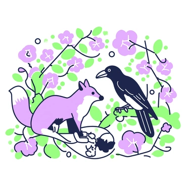 A mosaic features a crow perched on a branch, its wings partially spread. Next to it, a fox sits attentively on the ground, its tail curled around its paws. The crow is looking down at the fox as if sharing a story. Surrounding them are various elements of nature, including green leaves and purple flowers, adding life to the scene. The background consists of vibrant patterns that enhance the storytelling atmosphere, and the overall composition draws the viewer's eye towards the crow and fox interaction.