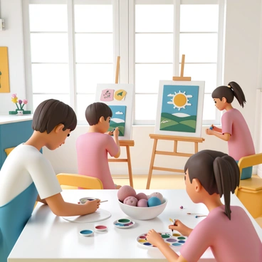 A classroom filled with natural light, featuring several students actively painting at their easels. One student, wearing a blue apron, is focused on a canvas depicting a colorful landscape, with bright blue skies and green fields. Another student, dressed in a red shirt, is mixing paints on a palette while glancing at a still-life arrangement of fruits on a nearby table. A third student, with long brown hair tied in a ponytail, is adding detail to a portrait, using a variety of brushes. The walls of the classroom are adorned with various artworks, and there are art supplies scattered on the table. The atmosphere is vibrant and creative, with each student deeply engaged in their artistic process.