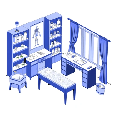 A vintage medical illustration depicting a 19th-century doctor's office. The room features wooden furniture, including a large, ornate desk with papers and medical instruments scattered on its surface. Along the walls, there are dark wooden shelves filled with glass jars containing various medical specimens and herbal remedies. A large anatomical chart hangs prominently on one wall, displaying human anatomy in detail. In one corner, an examination table is covered with a patterned cloth, and a basin with medical tools is placed nearby. A brass lamp provides illumination, casting intricate shadows across the room. A large window lets in light, revealing curtains that are drawn to the sides. The overall atmosphere reflects the historical significance of medical practice during that era.