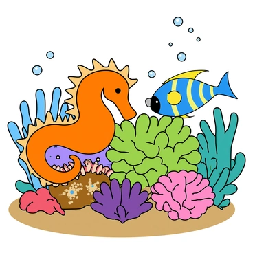 A vibrant coral reef filled with colorful corals and sea plants. In the foreground, a small seahorse with a bright orange body and intricate fins is playfully interacting with a small fish that has a shimmering blue and yellow pattern. The seahorse is gracefully curling its tail around a piece of coral, while the fish swims closely, its fins fluttering. Surrounding them are various types of corals, including brain corals and star corals, providing a lively backdrop to their playful interaction. Bubbles are rising from the seahorse and fish, adding a dynamic element to the scene.