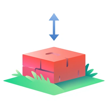 A single red brick is resting on a patch of vibrant green grass. The brick has a rough texture with visible grooves and imperfections. Above the brick, there are visual indicators such as arrows pointing upwards to represent the normal force acting upon it. These arrows are drawn in a bold, clear style, and they are colored in a bright blue to stand out against the grass. The grass is lush and thick, with individual blades casting small shadows around the base of the brick, emphasizing its solidity on the soft ground.