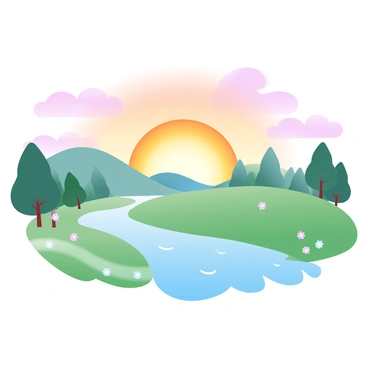 A vibrant sunrise casts warm hues of orange, pink and yellow across the sky, illuminating a peaceful landscape below. Rolling hills are blanketed in soft green grass, and scattered wildflowers add patches of color to the scenery. Silhouetted trees stand tall along the horizon, their branches gently swaying in a light breeze. A calm river flows through the landscape, reflecting the brilliant colors of the sky and enhancing the serene atmosphere.