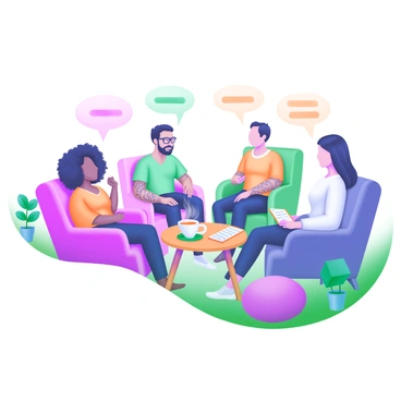 A modern pastel illustration depicting a small group of four diverse individuals sitting in a circle on comfortable chairs. Each person is engaged in sharing stories, with expressions of empathy and understanding. The group includes a woman with curly hair and glasses, a man with a beard, a person with short hair and tattoos, and a woman with straight hair. In the center of the circle, there is a cozy coffee table with a steaming cup of tea and a journal. Surrounding them, soft cushions are placed on the floor, and there are gentle potted plants adding a touch of warmth to the atmosphere.