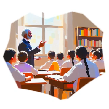 Frederick Douglass stands at the front of a classroom, passionately engaging with a diverse group of attentive students. He is depicted as a middle-aged African American man with distinctive facial features, wearing a formal suit and a bow tie. The students, a mix of boys and girls of various backgrounds, sit at wooden desks, leaning forward with interest as they listen to him speak. The classroom is filled with books on shelves, and sunlight streams through large windows, illuminating the scene. Douglass holds a book in one hand while gesturing with the other, emphasizing his points, and the students' expressions reflect curiosity and eagerness to learn.