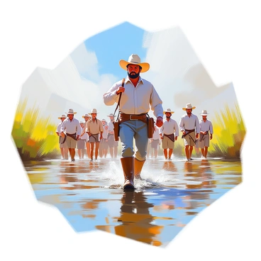 A figure of "Sam Houston," a tall man with dark hair and a determined expression, is leading a group of people across a shallow river. His "leather boots" are partially submerged in the water, creating small ripples around his feet. The group consists of several people of diverse ages and backgrounds, all focused on navigating the water. Some members are wearing "simple clothing," while others have "hats" to shield themselves from the sun. The background features "lush greenery" lining the riverbanks, with a blue sky overhead, adding to the scene's sense of movement and purpose.