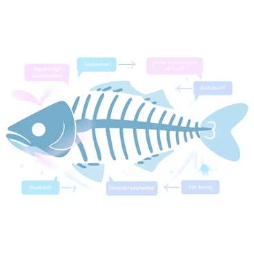 A detailed fishbone diagram is presented, illustrating the skeletal structure of a fish. The diagram includes clear and defined lines for the backbone and ribs. Each part of the fish, such as the head, spine, ribs, and tail, is distinctly labeled with text in quotes. The labels are arranged neatly next to their corresponding parts. The background features soft gradient pastel colors that create a subtle contrast, enhancing the visibility of the diagram. The overall composition is organized and informative, serving as an educational tool.