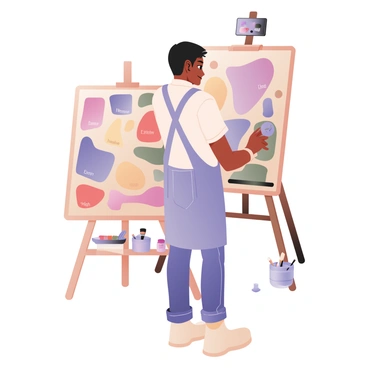 A digital flat illustration depicting an artist standing at an easel, mixing paints on a large, vibrant palette labeled with different cost ranges. The artist has medium skin and short black hair, wearing a light blue apron over a white shirt and jeans. The palette features bright colors such as red, blue, green, and yellow, with each section clearly marked with labels like "Low," "Medium," and "High." The background consists of a few paint tubes scattered around, with a brush holder containing various brushes. The artist is focused on blending two colors together, with a small jar of water nearby.