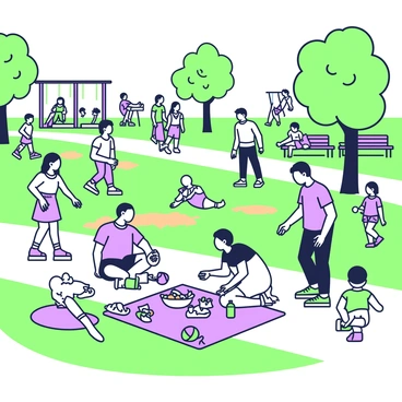 A public park filled with many people engaging in various activities. In the foreground, a group of individuals is having a picnic on a blanket, surrounded by discarded food wrappers and empty bottles. Nearby, a child is playing with a colorful ball, while others are walking dogs along the path. The grass shows signs of being trampled, with some patches of brown visible amongst the green. In the background, trees provide shade, and a playground can be seen with children playing. Some benches are occupied by people resting, while others are unoccupied, covered in stray litter.
