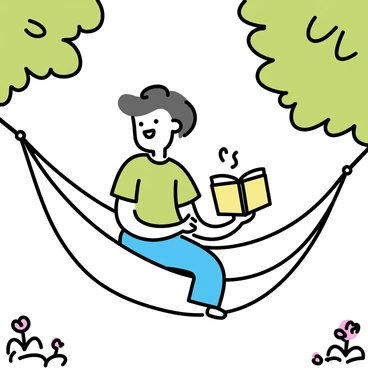 A person sitting in a hammock, wearing a green t-shirt and blue jeans, holding an open book and smiling. The hammock is suspended between two trees with lush green leaves. Flowers and small plants are visible on the ground, creating a natural setting. Sunlight filters through the leaves, casting soft shadows on the person and the hammock. The book has a colorful cover, and the person's hair is gently blowing in the breeze.