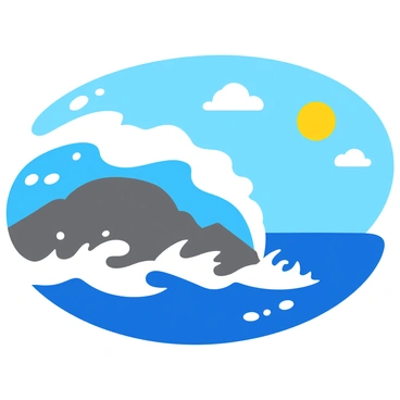 A scene depicting "ocean waves crashing on rocks" at the shore. The waves are powerful and dynamic, creating a dramatic "splash explosion" as they hit the rugged, dark gray rocks. The water is a vibrant blue and white from the foam, while the sky above is bright and clear with a few fluffy clouds. The sun shines down, illuminating the scene and casting shimmering reflections on the water's surface. Small droplets of water are captured in mid-air, showcasing the force of the waves.