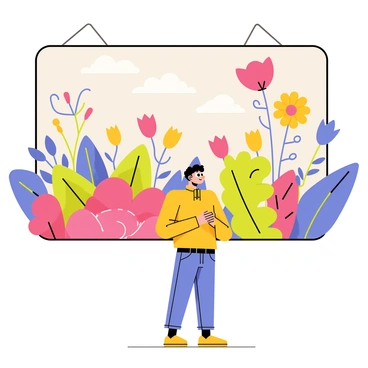 A visitor stands in front of a large illustration that features bright, vivid colors and intricate details. The illustration depicts a fantastical scene with whimsical elements, such as oversized flowers and playful creatures. The visitor, with wide eyes and a slightly open mouth, shows an expression of awe. Their hands are clasped together in front of them as they gaze at the artwork, absorbed in its beauty.