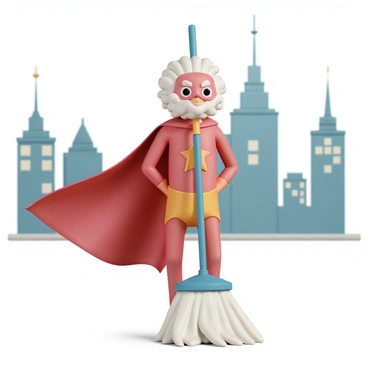 A mop dressed as a superhero, cape fluttering in the wind, ready to save the day