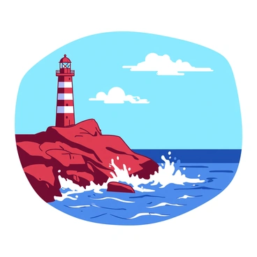 A red lighthouse stands tall on a rocky cliff overlooking a crashing blue ocean. The lighthouse is adorned with white stripes, and its light beam shines out towards the horizon. Sea waves crash against the rocks below, sending up sprays of white foam. In the background, a clear blue sky stretches above, dotted with a few fluffy white clouds. The scene conveys a sense of strength and stability against the dynamic ocean waves.