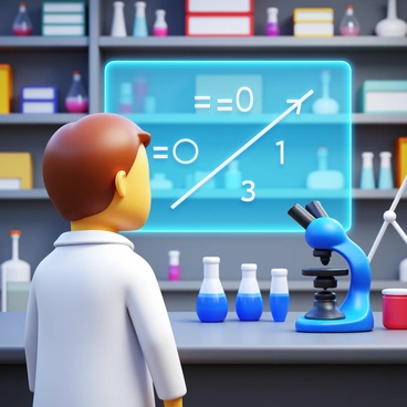 A scientist wearing a white lab coat is standing in a laboratory. They are focused on a holographic display projecting a quadratic equation alongside its graph. The display emits a soft blue light, illuminating the scientist's face. The lab is filled with various scientific equipment, such as test tubes, beakers, and a microscope on a counter. The background features shelves lined with books and research materials, adding to the academic atmosphere.