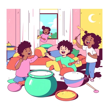 A group of excited children is gathered in a bright living room, each holding makeshift instruments such as shiny metal pots and colorful pans. One child is drumming enthusiastically on a large teal pot, while another is shaking a small orange pan like a tambourine. In the background, a girl is using a wooden spoon as a microphone, singing with a big smile. The room is filled with vibrant, playful energy, and scattered toys and pillows add to the cheerful atmosphere. Sunlight streams through the window, illuminating the joyful scene.