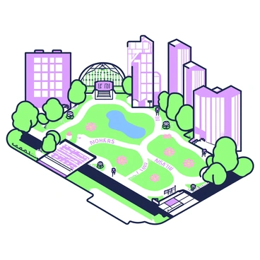 A vector map is displayed, detailing a botanical garden located within an urban setting. The garden is outlined with clear paths that wind through various sections. Different areas of the garden feature labeled zones, including a flower bed, a pond, and a greenhouse. Surrounding the garden, tall city buildings are illustrated, framing the area. The map includes symbols for entrances, benches, and information kiosks, providing a comprehensive layout of the botanical garden amidst the city environment.