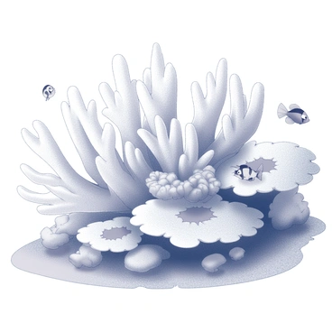 A coral reef with various coral structures, including branching corals and plate-like corals. The reef is depicted in a state of bleaching, with the coral appearing white and losing its vibrant colors. Surrounding the reef, there are patterns of rippling water, emphasizing the warmth of the ocean. Small fish, such as clownfish and damselfish, swim near the coral, contrasting with the white reef. Sunlight filters through the water's surface, casting light patterns on the sandy ocean floor below.
