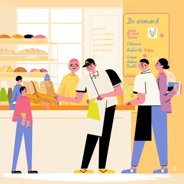 A busy bakery during the morning rush, filled with warm light streaming through the windows. Two bakers are seen kneading dough on a wooden countertop, one wearing a white apron and the other wearing a blue apron. On the shelves behind them, there is a variety of freshly baked breads, including long baguettes, round loaves, and colorful pastries such as croissants and danishes. The air is filled with a sense of hustle as customers line up, eagerly gazing at the delicious treats displayed in glass cases. A large chalkboard menu hangs on the wall, showcasing daily specials in colorful handwriting. The floor is covered with flour dust, adding to the lively atmosphere of the bakery.