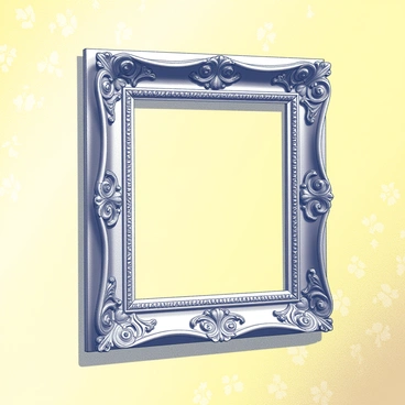 An antique picture frame hanging on a wall. The frame is ornately carved with intricate details and has a vintage finish. The wall is covered with yellow wallpaper, adorned with a repeating floral pattern that creates a textured background. The frame is positioned centrally on the wall, drawing attention to its elegant design. Shadows cast by the frame add depth to the composition, emphasizing both the frame and the wallpaper's patterns.