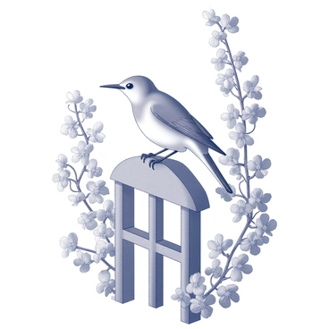 A mockingbird perched on a trellis. The bird is surrounded by blooming vines, with an array of leaves and flowers forming a lush backdrop. The trellis is constructed from wood, with a trellis structure providing support for the twisting vines. The mockingbird is in a relaxed position, its feathers slightly ruffled, while the vibrant blooms of the vines create a sense of abundance around it. The scene captures the intricate details of the bird and the delicate features of the flowers intertwined with the trellis.