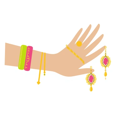 A pair of "choora" bangles, brightly colored in red and green, adorned with intricate gold detailing. The bangles are worn on a wrist decorated with matching traditional jewelry, including a gold bracelet and a delicate chain. Complementing the bangles, a pair of ornate earrings with a central red gemstone dangles gracefully. The accessories include a traditional necklace featuring gold accents, and a floral-patterned dupatta draped elegantly over the shoulder. The backdrop is a soft, neutral tone to highlight the vibrancy of the jewelry.
