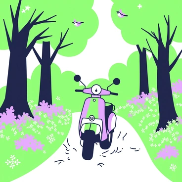A moped navigating through a dense, leafy forest trail