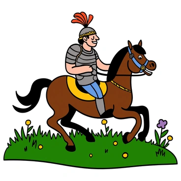 A proud conquistador with light skin and a strong build, wearing ornate silver and gold armor that reflects the sunlight, is riding a majestic brown horse. The horse is galloping across a sunlit field filled with green grass, creating a sense of movement. The conquistador has a determined expression, with a plumed helmet adorned in vibrant colors. In the background, there are wildflowers dotting the field, and a clear blue sky overhead, enhancing the scene's brightness.