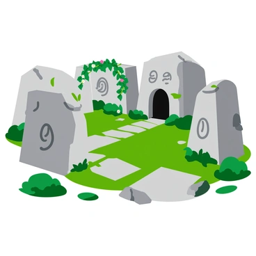 A set of ancient ruins with weathered stone pathways winding through them. The structures are made of large, uneven stones, some covered in patches of green moss. Mysterious symbols are carved into the surfaces of the stones, each one unique and filled with intricate patterns. A partially hidden exit can be seen, framed by an archway overgrown with vines and small flowering plants. Scattered stones and fragments lie around the pathways, creating a sense of exploration and discovery.