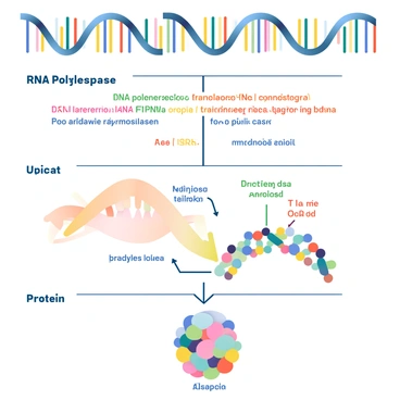 An illustration depicting the entire process of protein synthesis. At the top, a double helix structure of DNA is shown, with visible nucleotide base pairs colored in blue, green, red, and yellow. Below, RNA polymerase is synthesizing a strand of messenger RNA (mRNA) from the DNA template. The mRNA strand is represented in a bright color like orange, with corresponding codons clearly visible. 

Next, a ribosome is depicted translating the mRNA into a polypeptide chain. The ribosome is illustrated as a large complex, with transfer RNA (tRNA) molecules bringing in various amino acids, each represented in different colors. The growing polypeptide chain is also shown, gradually folding into a three-dimensional shape. 

Finally, the completed protein is illustrated at the bottom, showcasing its intricate folded structure and unique colors, with labels identifying key stages such as "DNA", "mRNA", "Ribosome", "tRNA", and "Protein".