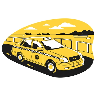 A yellow taxi cab driving along a road beside the Hudson River. The taxi is in motion, showing its dynamic movement. In the background, several boats can be seen floating on the water, creating a sense of activity on the river. The scene captures the essence of urban life with the river and boats complementing the taxi's journey.