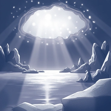 A vast underground ocean extends across the scene, its surface smooth and reflective. Above the water, a subterranean sky is visible, filled with "glowing minerals" that emit light in various patterns. The minerals are embedded in the cavern walls, casting a luminescent glow throughout the space. Various rock formations jut out from the sides of the cavern, creating depth and texture. The atmosphere is filled with a serene silence, punctuated only by the gentle lapping of the water against the rocky shores. Subtle shadows play across the landscape, adding to the intrigue of this hidden world.