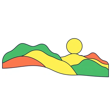 A landscape featuring rolling hills with various colors, showcasing shapes that gently swirl and undulate. The sun is bright and large, positioned in the sky, casting warm tones across the scene. The hills have a mix of vibrant greens, yellows, and oranges, creating a lively visual effect. The overall composition is simple yet engaging, with the hills flowing smoothly into the horizon.