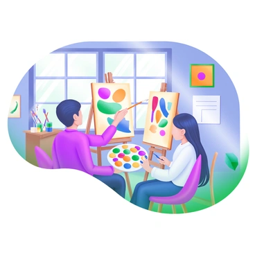 A vibrant art classroom featuring an art coach demonstrating painting techniques to a student. The art coach is seated next to an easel, holding a paintbrush and gesturing towards a colorful canvas filled with abstract shapes. The student sits across from the coach, concentrating and holding a palette filled with bright paints. Surrounding them are various art supplies, including tubes of paint, brushes of different sizes, and sketchbooks. The walls are adorned with framed colorful artwork, creating an inspiring atmosphere. Sunlight streams through large windows, illuminating the scene with a warm glow.