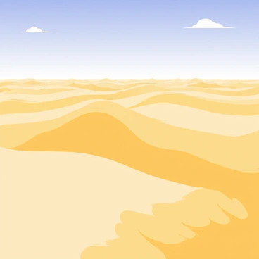 A view from the top of a tall, golden sand dune. The dune is shaped with gentle curves and ridges, casting soft shadows in the late afternoon sunlight. In the foreground, grains of sand catch the light, creating a shimmering effect. Stretching out in every direction, the landscape reveals waves of undulating sand, all varying in shades of beige and yellow. In the background, a vast blue sky is visible, with a few fluffy white clouds scattered throughout. The scene conveys a sense of openness and tranquility, with the endless horizon blending the sand and sky seamlessly.